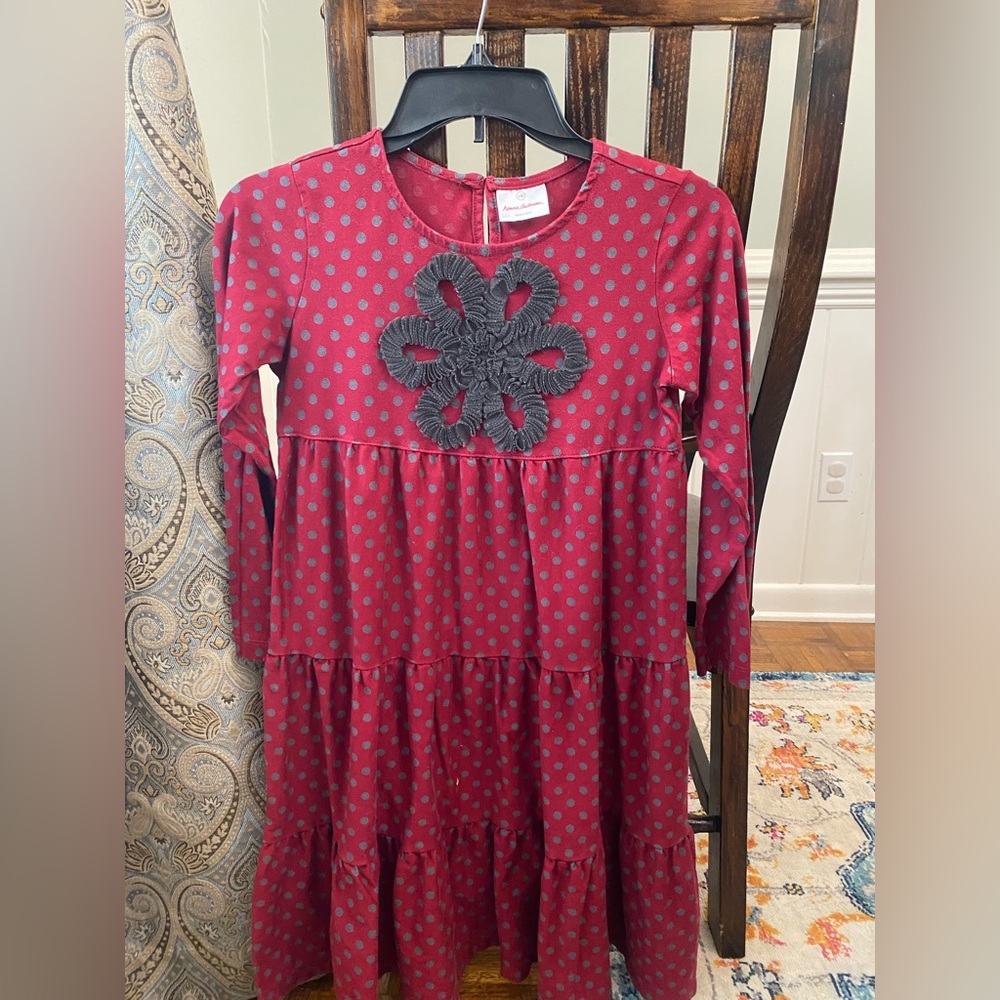 Maroon polka dot dress. Hanna Anderson.